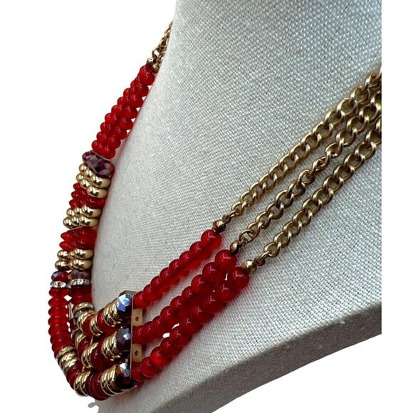 Vintage Napier Multi-Strand Red Bead & Gold-Tone Statement Necklace.  C14 - Picture 4 of 13